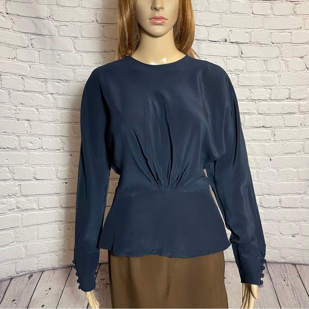 Linda Allard for Ellen Tracy Silk Navy Blue Ling Sleeve Blouse Size 8